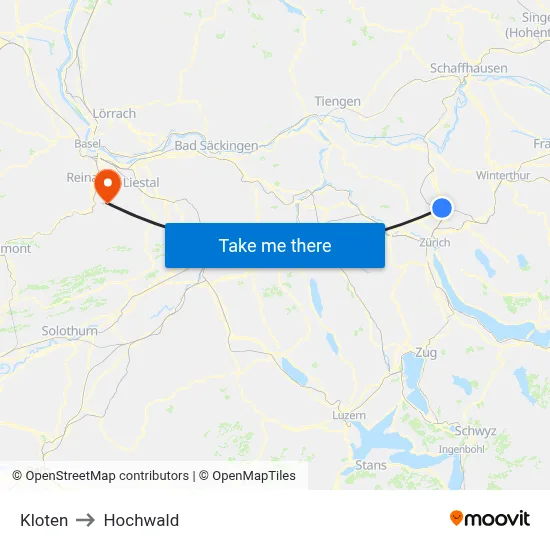 Kloten to Hochwald map