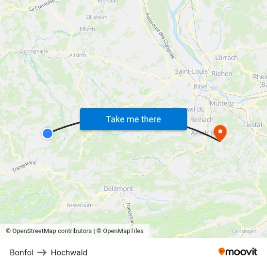 Bonfol to Hochwald map