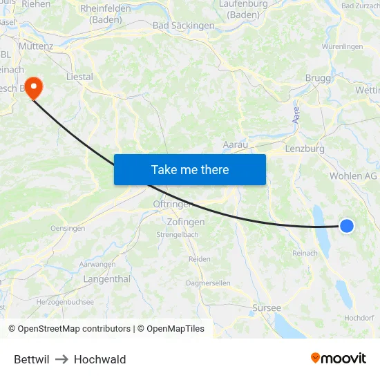 Bettwil to Hochwald map