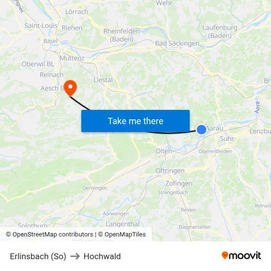 Erlinsbach (So) to Hochwald map