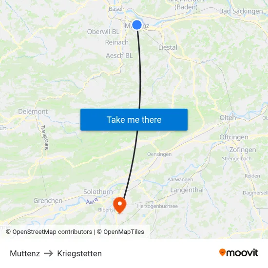 Muttenz to Kriegstetten map