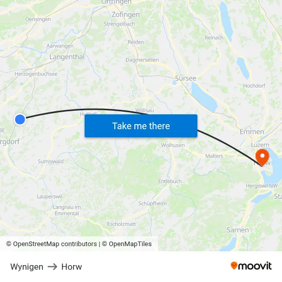 Wynigen to Horw map