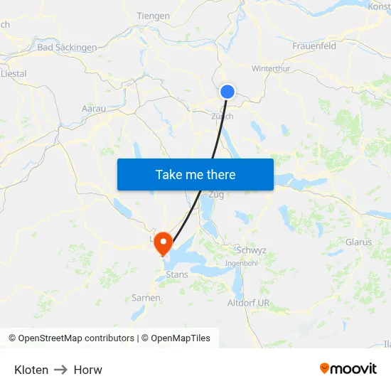 Kloten to Horw map