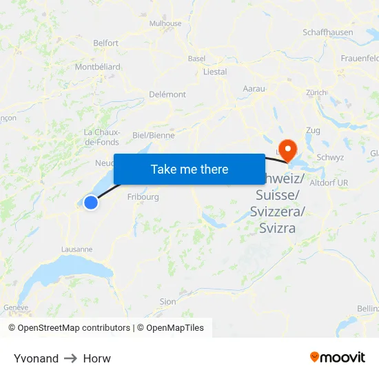 Yvonand to Horw map