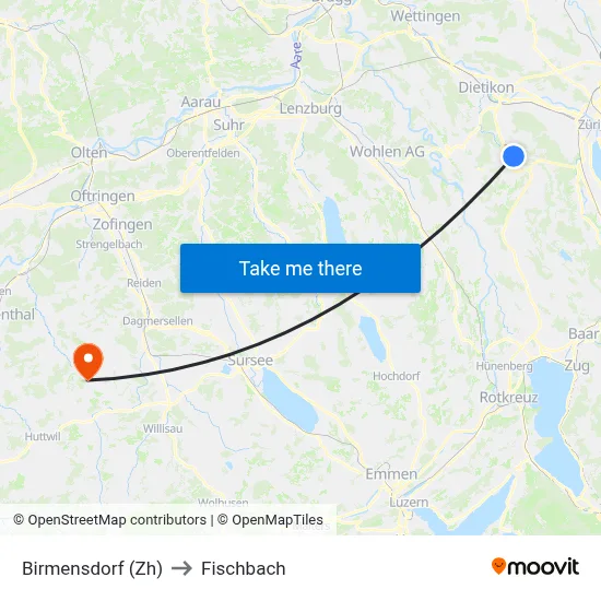 Birmensdorf (Zh) to Fischbach map
