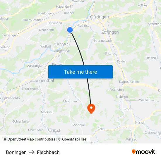 Boningen to Fischbach map