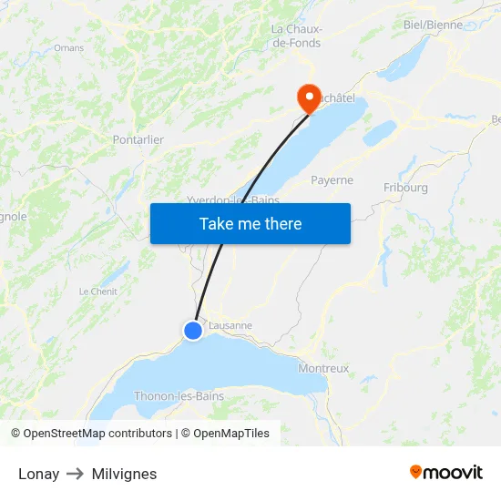 Lonay to Milvignes map