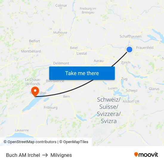 Buch AM Irchel to Milvignes map