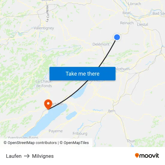 Laufen to Milvignes map