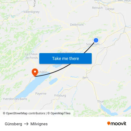 Günsberg to Milvignes map