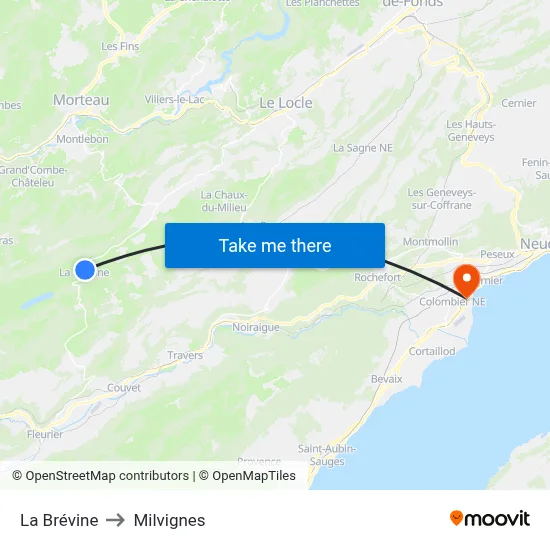 La Brévine to Milvignes map