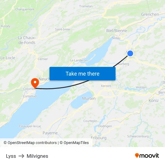 Lyss to Milvignes map