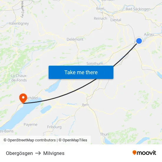 Obergösgen to Milvignes map