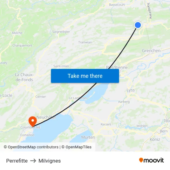 Perrefitte to Milvignes map