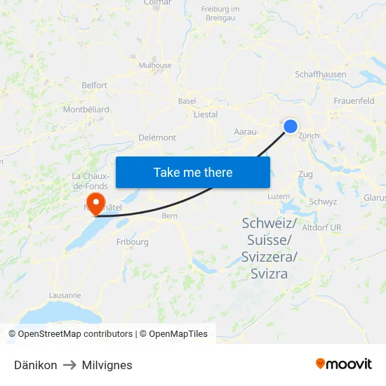Dänikon to Milvignes map