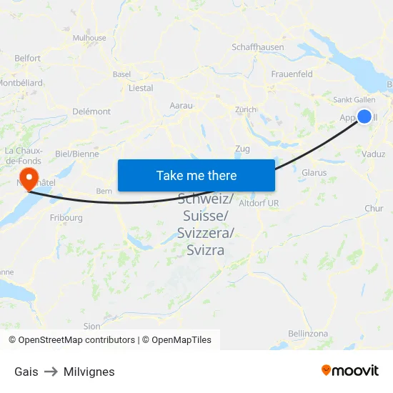 Gais to Milvignes map