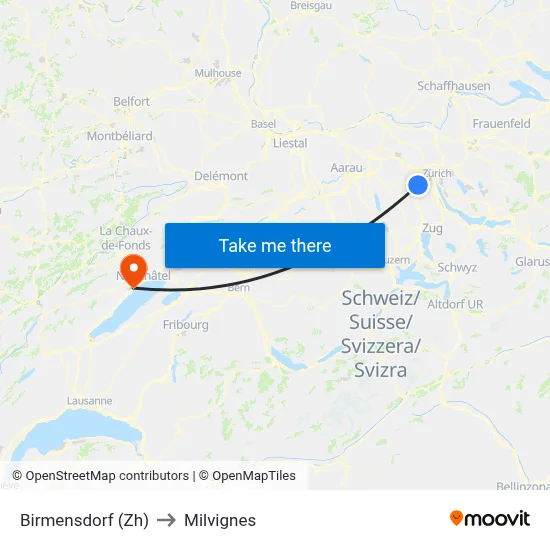 Birmensdorf (Zh) to Milvignes map