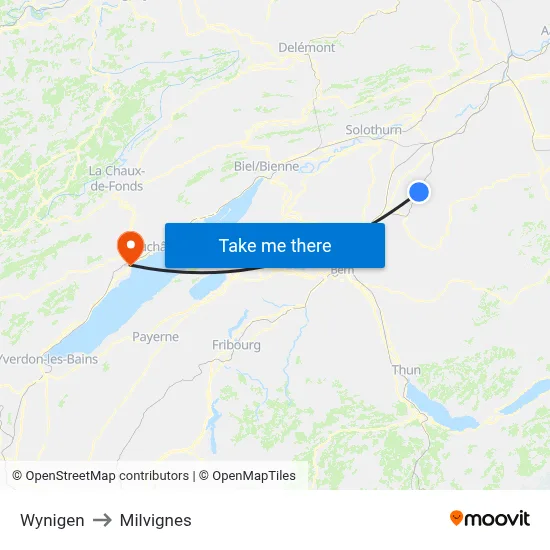 Wynigen to Milvignes map