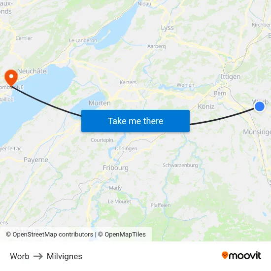Worb to Milvignes map