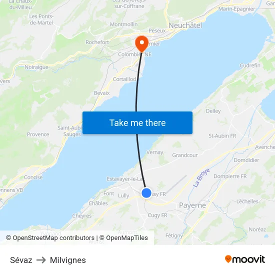 Sévaz to Milvignes map