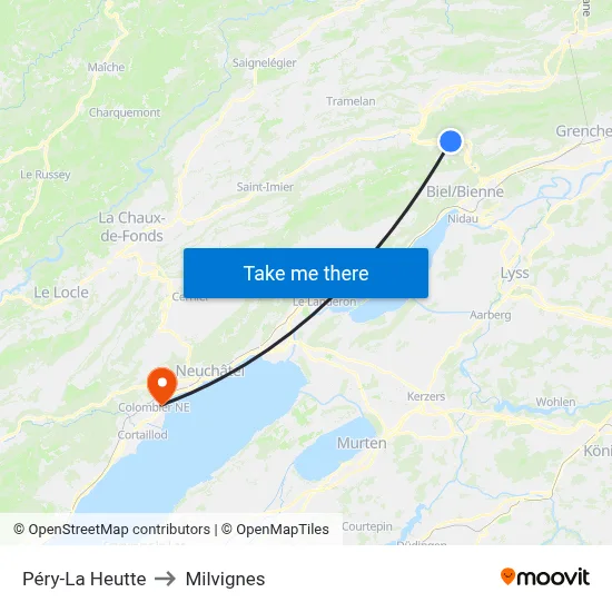 Péry-La Heutte to Milvignes map
