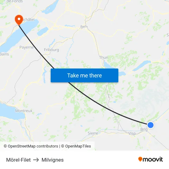 Mörel-Filet to Milvignes map