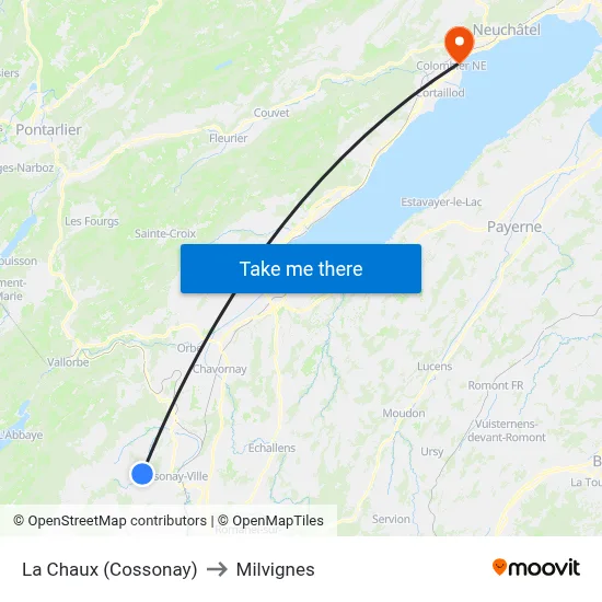 La Chaux (Cossonay) to Milvignes map