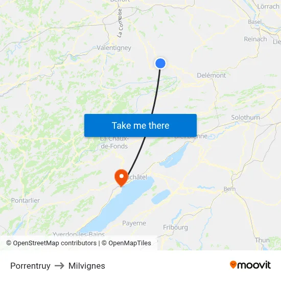 Porrentruy to Milvignes map