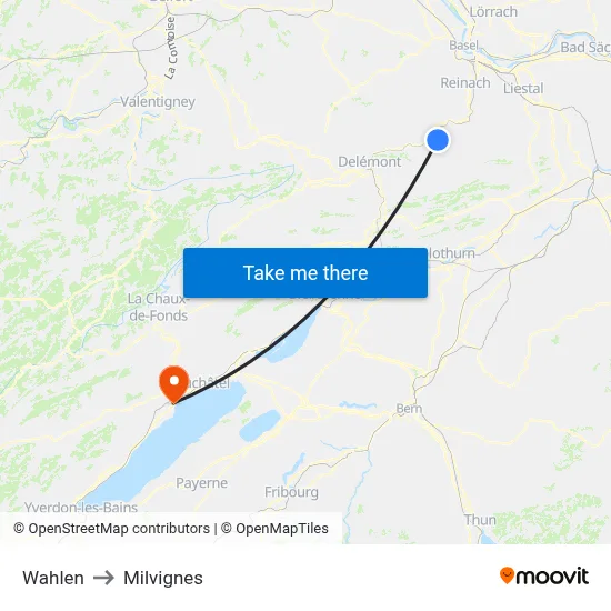Wahlen to Milvignes map