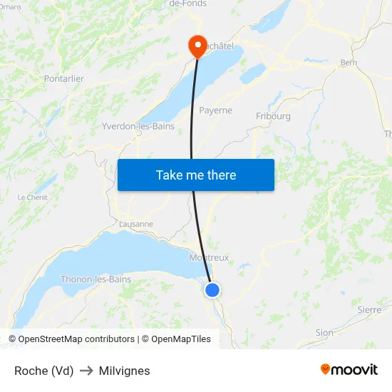 Roche (Vd) to Milvignes map