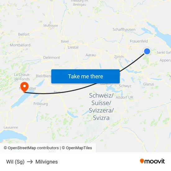 Wil (Sg) to Milvignes map