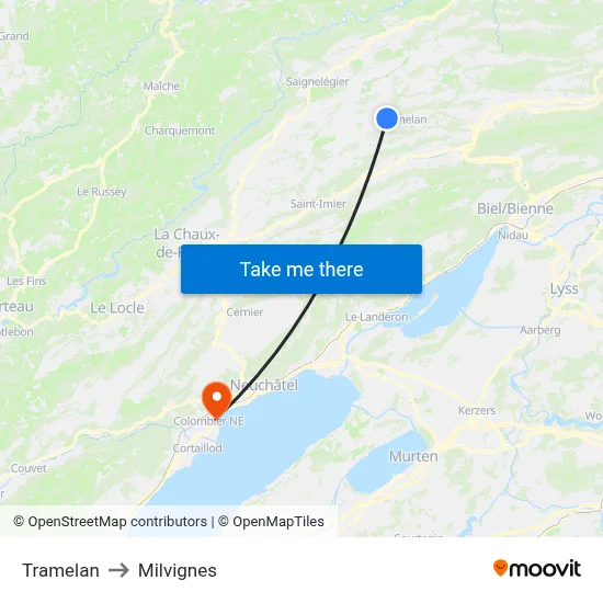 Tramelan to Milvignes map