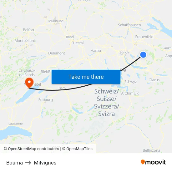 Bauma to Milvignes map