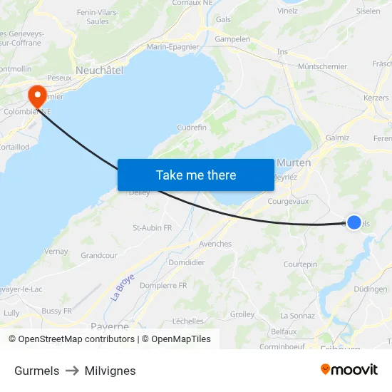 Gurmels to Milvignes map