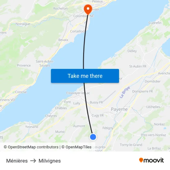 Ménières to Milvignes map
