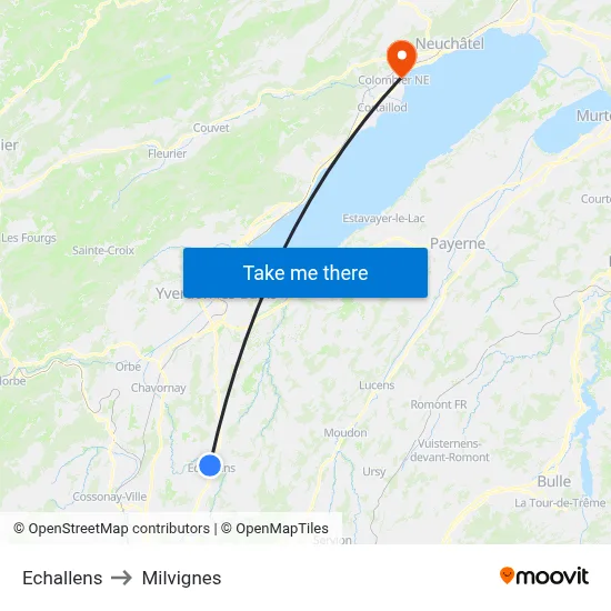Echallens to Milvignes map