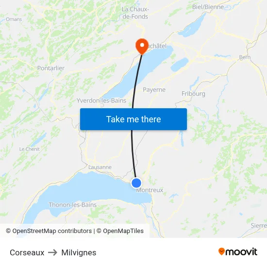 Corseaux to Milvignes map