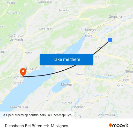 Diessbach Bei Büren to Milvignes map