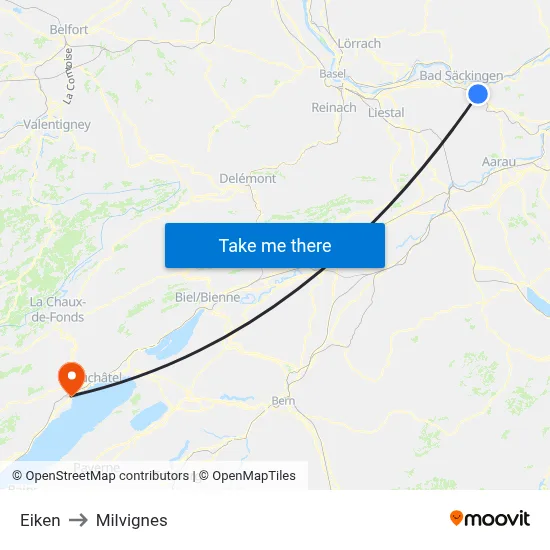 Eiken to Milvignes map