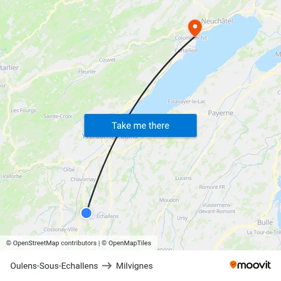 Oulens-Sous-Echallens to Milvignes map