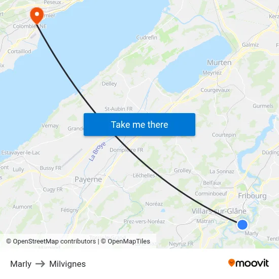 Marly to Milvignes map