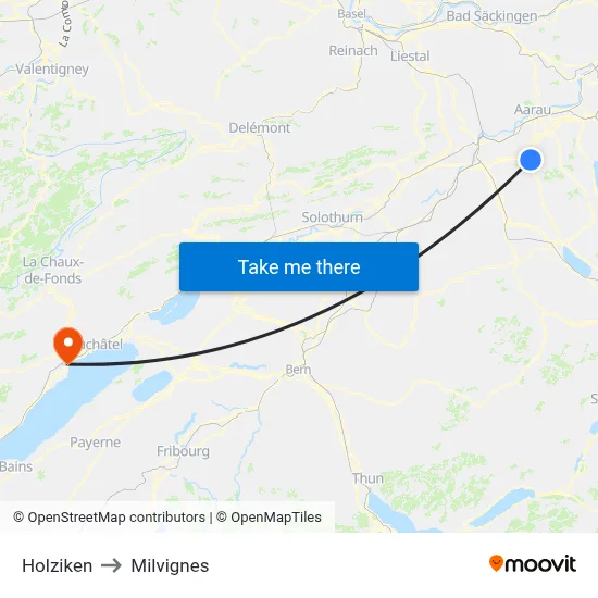 Holziken to Milvignes map