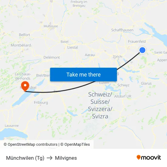 Münchwilen (Tg) to Milvignes map
