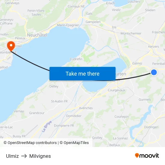 Ulmiz to Milvignes map