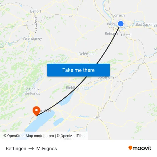 Bettingen to Milvignes map