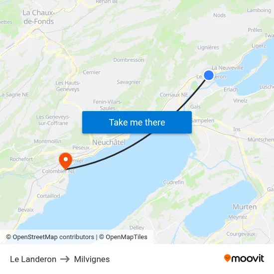 Le Landeron to Milvignes map