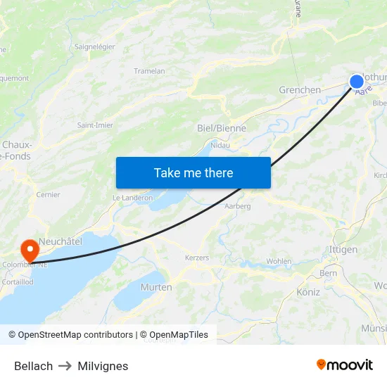 Bellach to Milvignes map