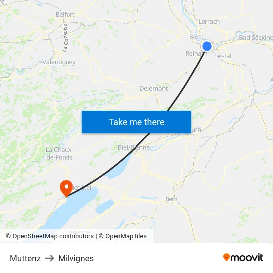 Muttenz to Milvignes map