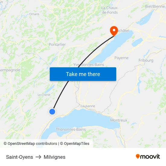 Saint-Oyens to Milvignes map