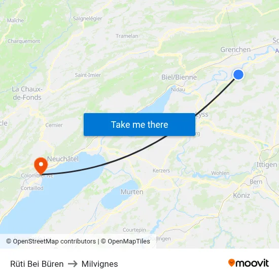 Rüti Bei Büren to Milvignes map